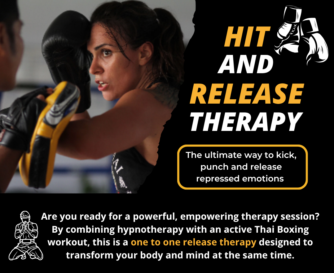 Hit and Release Therapy — a person striking boxing pads during a padwork session, with text describing a one-to-one release therapy combining hypnotherapy and Thai boxing